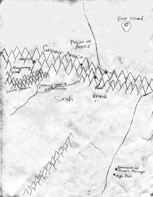 Map of Aneri, as traveled by Noren and Silmavalien in Return of the Dragonriders.