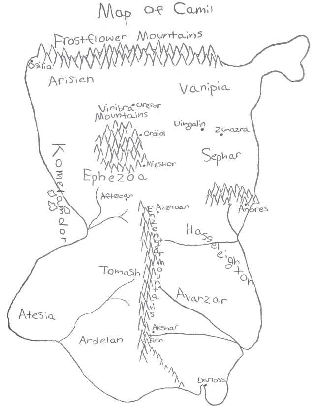 Map of Camil, a continent of the fantasy world Kaarathlon, by Raina Nightingale