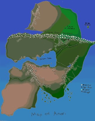 map of the continent of Aneri, fantasy world of Areaer, by Raina Nightingale