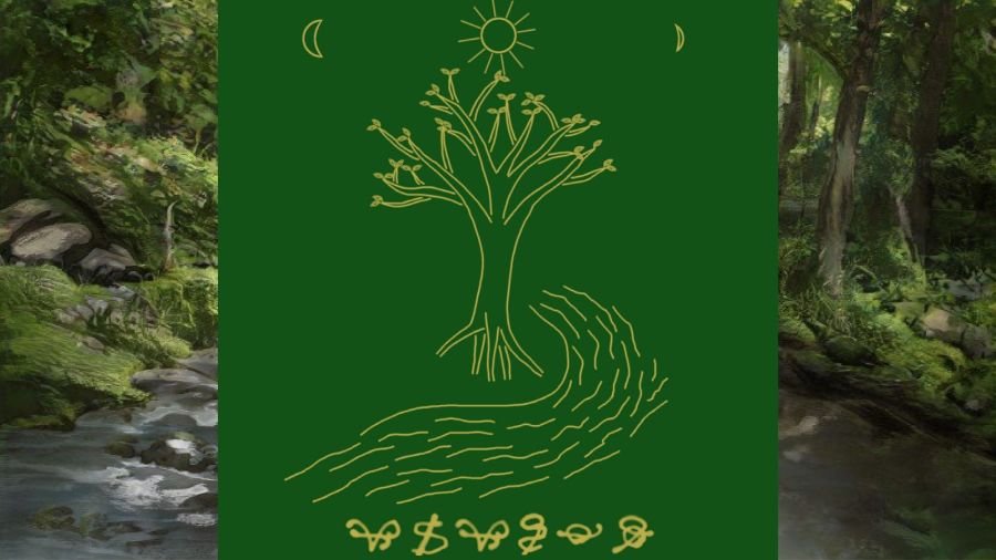 banner of Elethri in front of a landscape of a stream flowing through a forest towards the viewer