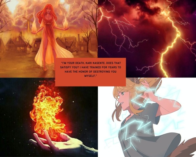 moodboard for Kari and Riniko from Birth of the Storm by Valerie Storm; lightning and fire with a mystic and violent feel.