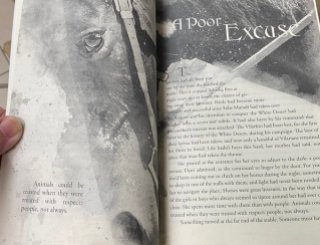 another picture of the beautiful paperback interior with illustration chapter headers; this one showing a horse and a sword