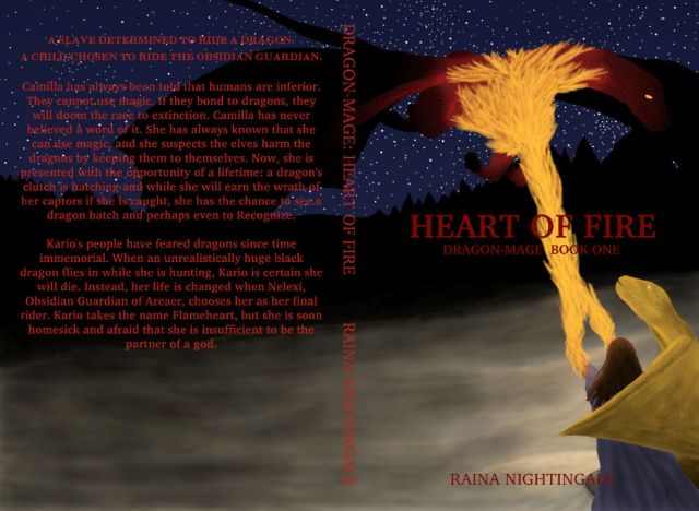 Full wrap around print cover for Heart of Fire, Dragon-mage Book One, by Raina Nightingale