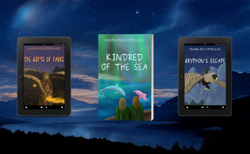 Assorted Areaer Novels, novellas, and novelettes by Raina Nightingale: Kindred of the Sea, The Gifts of Faeri, Gryphon's Escape. Cozy and epic fantasy. Dragons. Gryphons. Magical dolphins. Animal companions.