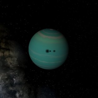 Arxeal, a lightly banded blue-green gas giant with white stripes, and the shadows of three of its moon.