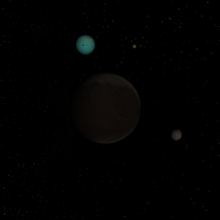 The small blue gas giant, Arxeal, gleams in the distance above its most distant moon. Tailing the moon in a tiny little moonlet, and far off is another yellow moon, hanging beside the planet.