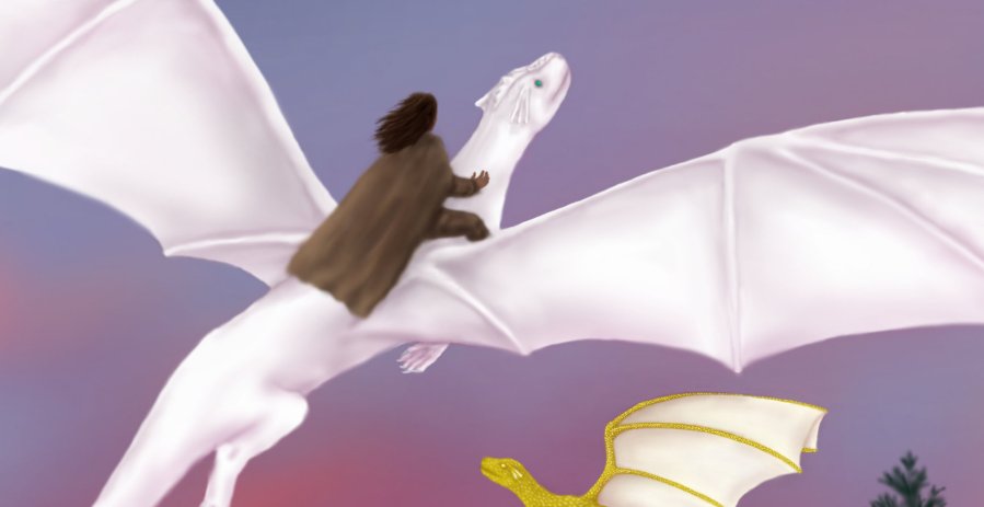 A white dragon with wings outspread flies away from the viewer, bearing a reader on his back, into an evening sky. Below soars a gold dragon with white wings, barely visible.